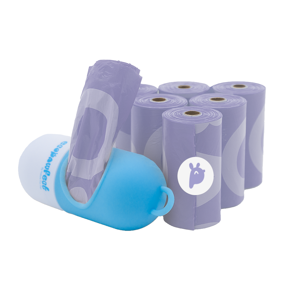 Essential for every pet-friendly home—this convenient set includes 7 rolls of lavender-scented dog poop bags (105 compostable bags total) with a blue and white poop bag dispenser. Durable, easy to open, and lightly scented to keep walks fresh and mess-free.