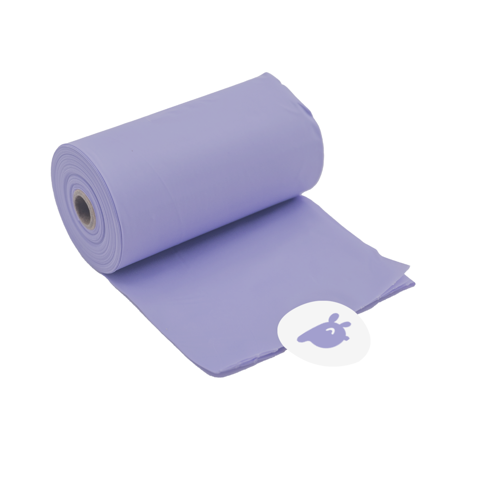 A roll of purple, lavender-scented, compostable dog poop bags, featuring an easy-peel safety sticker.