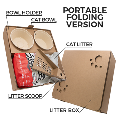 Disposable eco-friendly cat travel kit with biodegradable materials for on-the-go convenience.