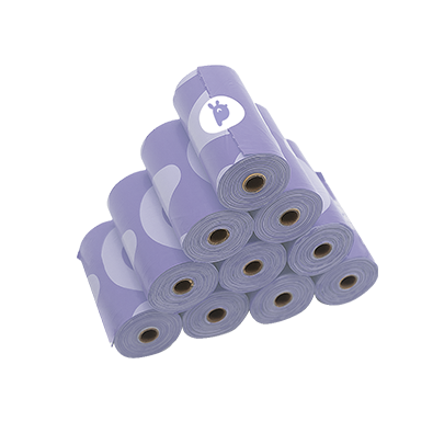 10 Rolls of Eco-Friendly Dog Waste Bags — neatly stacked for easy storage. Includes 150 lavender-scented, strong & easy-to-tear bags (Purple) | Plant-Based & Landfill-Safe.