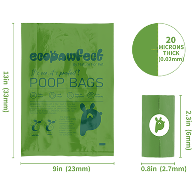 Size specifications image of compostable pet poop bags for easy reference.