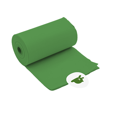 An individual compostable refill  roll — 15 extra-thick Dog Poop Pickup Bags with a tear-safe sticker, made to fit all dispensers.