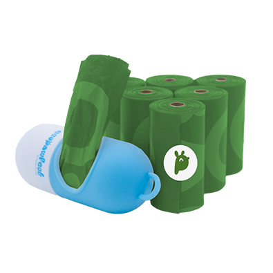 On the left: a durable blue-and-white capsule-style dispenser. On the right: Dog poop bags. A box includes one dispenser and seven rolls of green bags (105 count). Large-size rolls for all dog sizes.